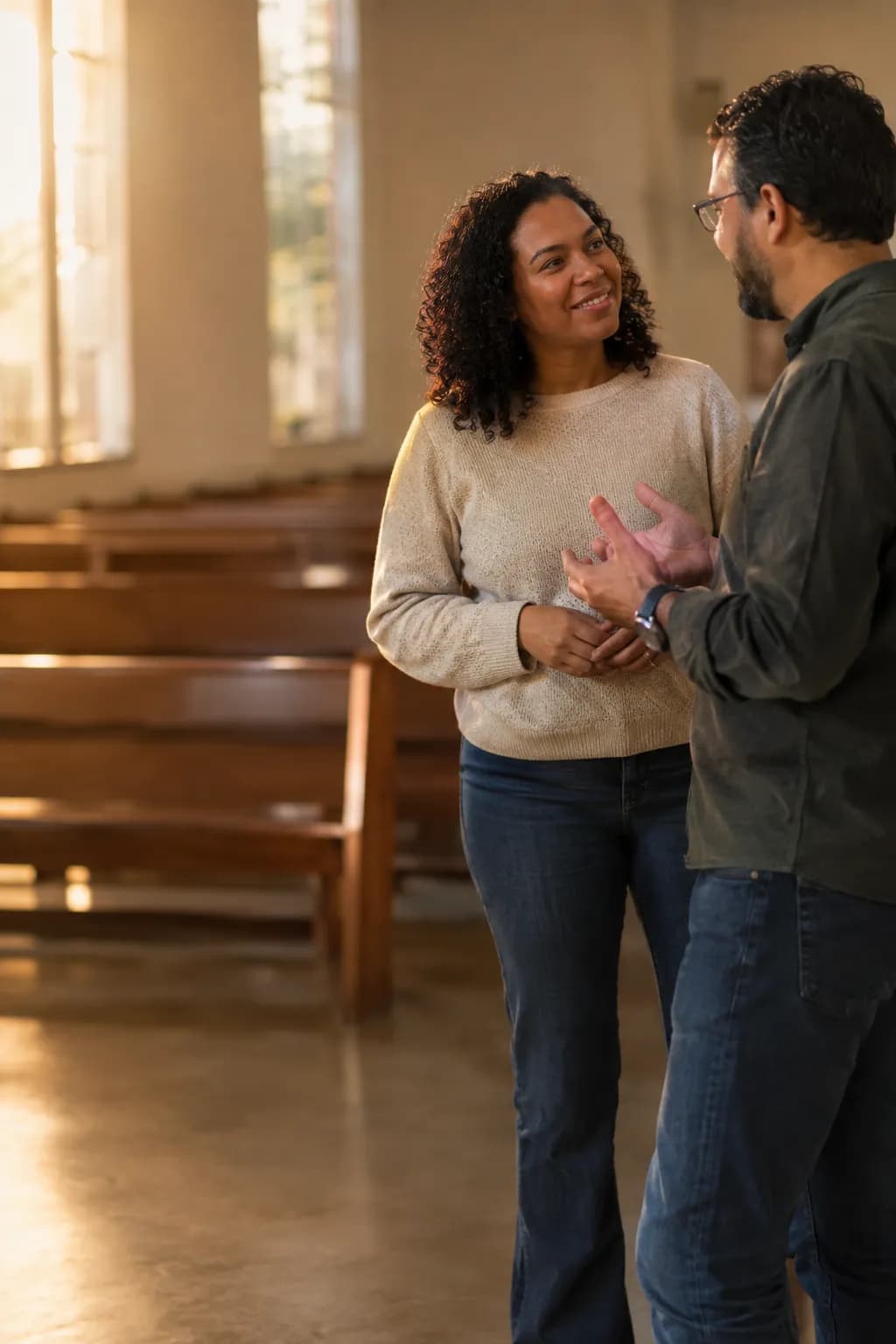 Dois líderes de igreja conversando no salão depois do culto